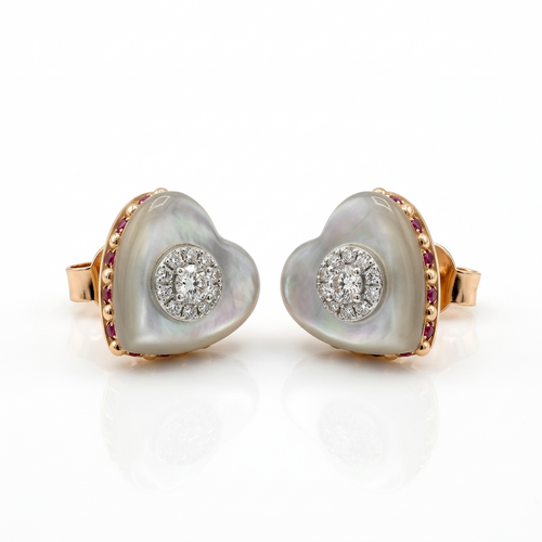 Серьги "Сердца" с рубинами, перламутром и бриллиантами из золота 585 пробы