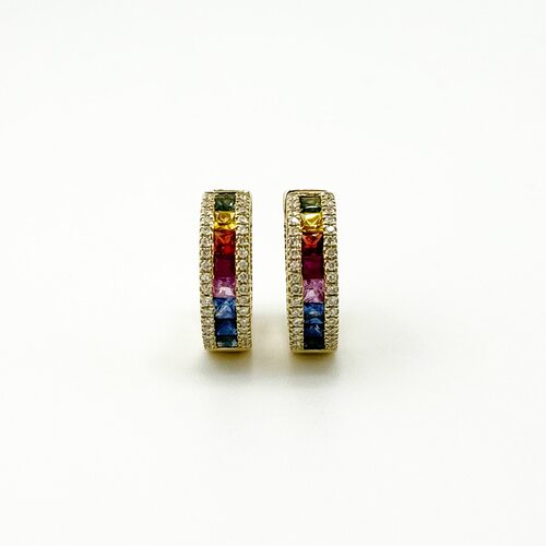 Серьги с рубинами, сапфирами и бриллиантами из желтого золота 585 пробы