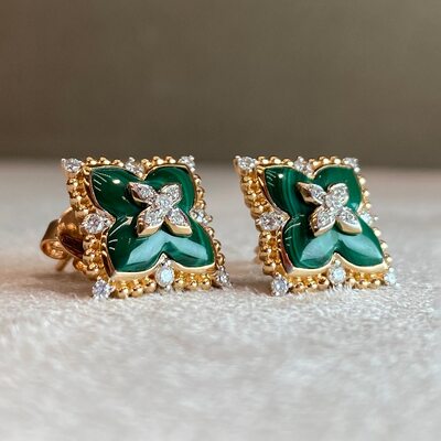 Серьги "Цветы" с малахитом и бриллиантами из золота 585 пробы