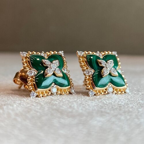 Серьги "Цветы" с малахитом и бриллиантами из золота 585 пробы