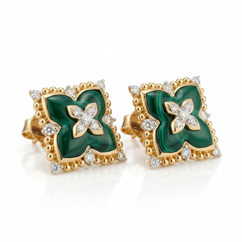Серьги "Цветы" с малахитом и бриллиантами из золота 585 пробы