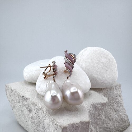 Серьги с жемчугом, перламутром и бриллиантами из золота 585 пробы