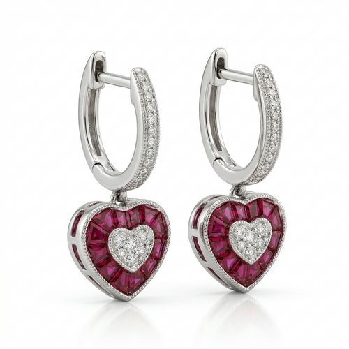 Серьги "Сердца" с рубинами и бриллиантами из белого золота 585 пробы