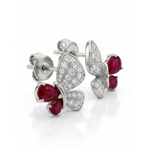 Серьги "Бабочки" с рубинами и бриллиантами из белого золота 585 пробы