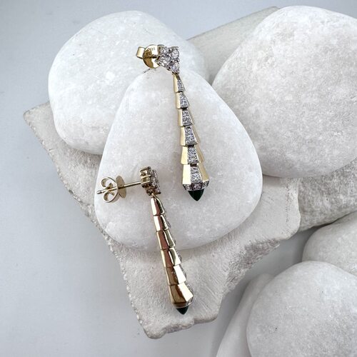 Серьги с бриллиантами и малахитом из золота 585 пробы