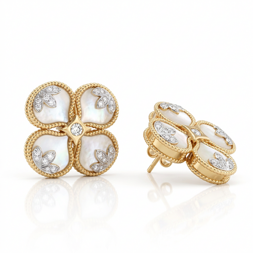 Серьги "Цветы" с перламутром и бриллиантами из золота 585 пробы