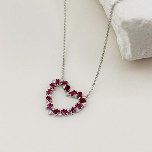 Колье "Сердце" с рубинами и бриллиантами из белого золота 585 пробы
