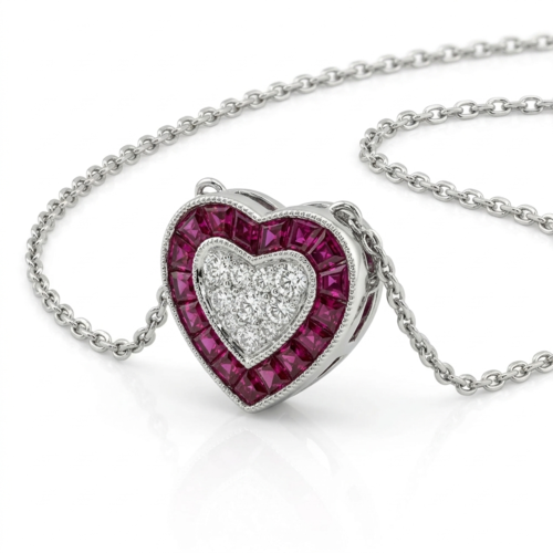 Колье "Сердце" с рубинами и бриллиантами из белого золота 585 пробы