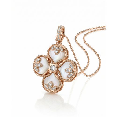 Колье "Клевер" с перламутром и бриллиантами из золота 585  пробы