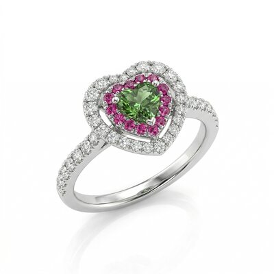 Кольцо "Сердце" с сапфирами и бриллиантами из белого золота 585 пробы