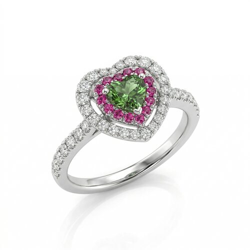 Кольцо "Сердце" с сапфирами и бриллиантами из белого золота 585 пробы