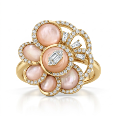 Кольцо "Цветок" с перламутром и бриллиантами из золота 585 пробы