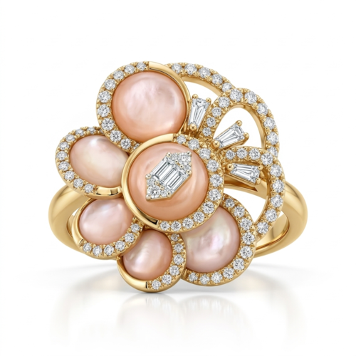 Кольцо "Цветок" с перламутром и бриллиантами из золота 585 пробы