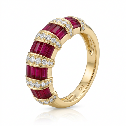 Кольцо с рубинами и бриллиантами из желтого золота 585 пробы