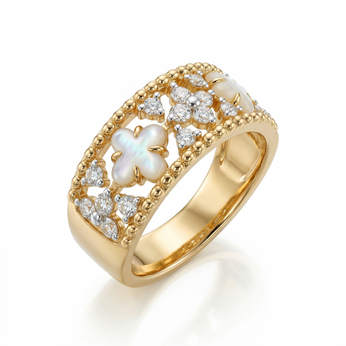 Кольцо с бриллиантами и перламутром из золота 585 пробы