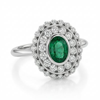 Кольцо с изумрудом и бриллиантами из белого золота 585 пробы