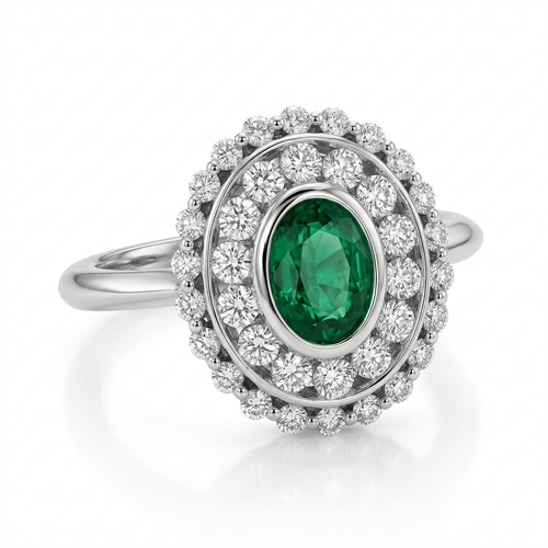 Кольцо с изумрудом и бриллиантами из белого золота 585 пробы