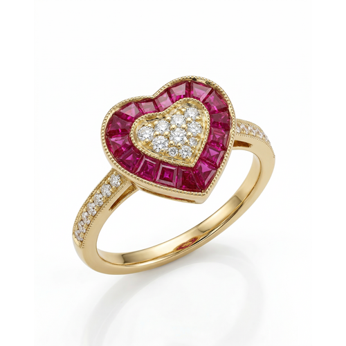 Кольцо "Сердце" с рубинами и бриллиантами из желтого золота 585 пробы