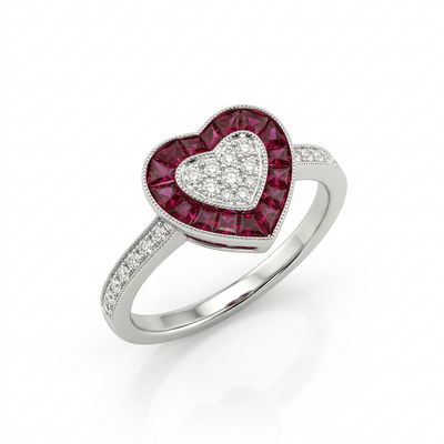 Кольцо "Сердце" с рубинами и бриллиантами из белого золота 585 пробы