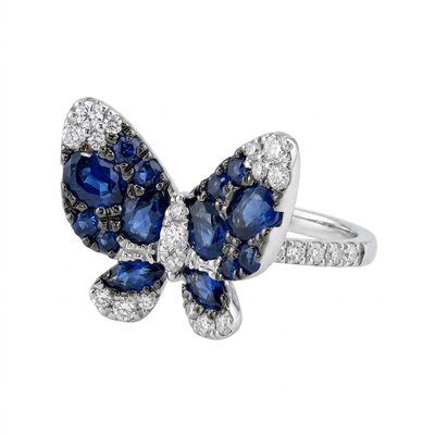 Кольцо "Бабочка" с сапфирами и бриллиантами из белого золота 585 пробы