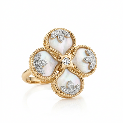 Кольцо "Цветок" с перламутром и бриллиантами из золота 585 пробы