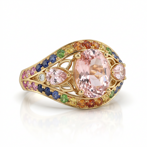 Кольцо с цаворитом, сапфирами и бриллиантами из золота 585 пробы