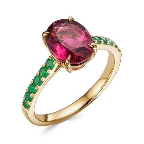 Кольцо с турмалином и изумрудами из золота 585 пробы