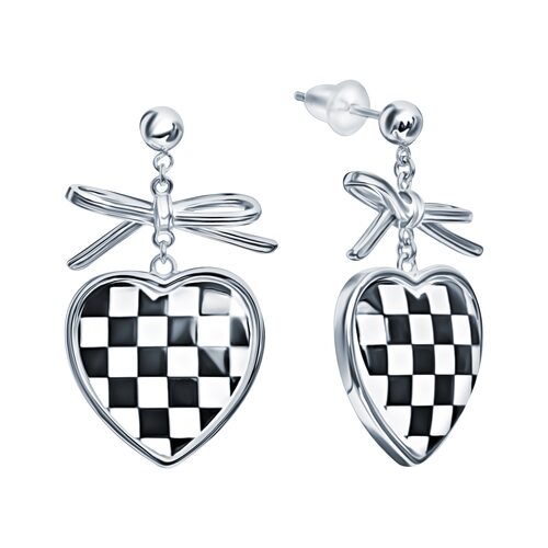 Серьги "Шахматное сердце" с перламутром и эмалью из серебра 925 пробы