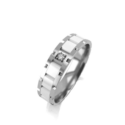 Кольцо обручальное с бриллиантом и керамикой из белого золота 585 пробы