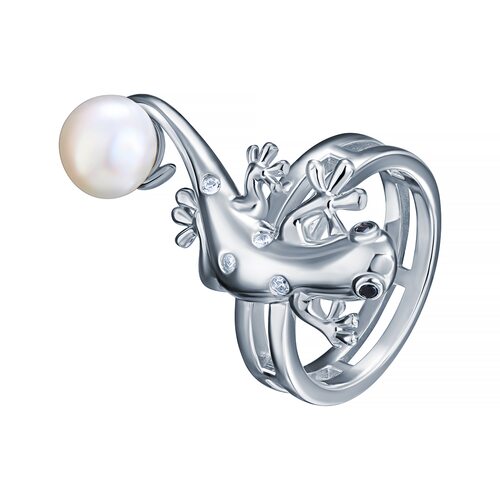 Кольцо "Ящерица" с жемчугом и фианитами из серебра 925 пробы