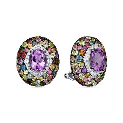 Серьги с аметистом, турмалинами, перидотом и цирконом из серебра 925 пробы