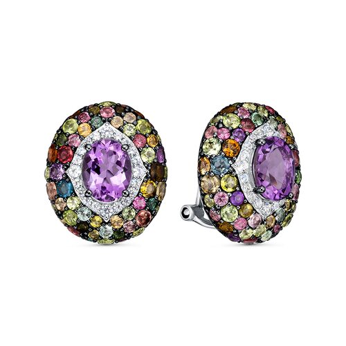 Серьги с аметистом, турмалинами, перламутром и цирконом из серебра 925 пробы