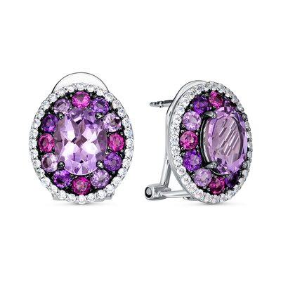 Серьги с аметистом, родолитом и цирконом из серебра 925 пробы