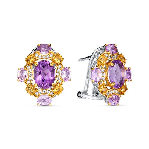 Серьги с аметистами, цитрином и цирконом из серебра 925 пробы