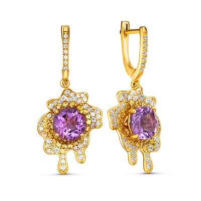 Серьги с аметистами, сапфирами и цирконом из серебра 925 пробы с позолотой