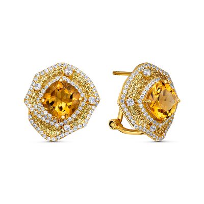 Серьги с цитрином, сапфирами и цирконом из серебра 925 пробы с позолотой