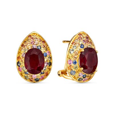 Серьги с корундами и сапфирами из серебра 925 пробы с позолотой