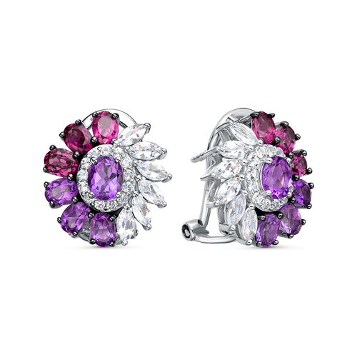 Серьги с аметистом, топазами и родолитом из серебра 925 пробы