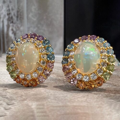 Серьги с опалами, цирконами, сапфирами, турмалинами, аметистами, топазами и перидотом из серебра 925 пробы