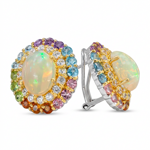 Серьги с опалами, цирконами, сапфирами, турмалинами, аметистами, топазами и перидотом из серебра 925 пробы