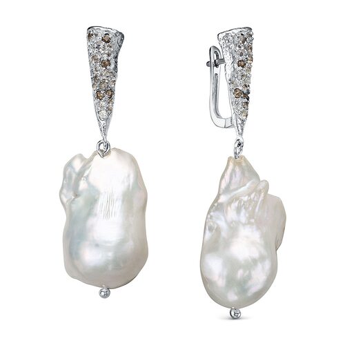 Серьги с барочным жемчугом, раухтопазами и топазами из серебра 925 пробы