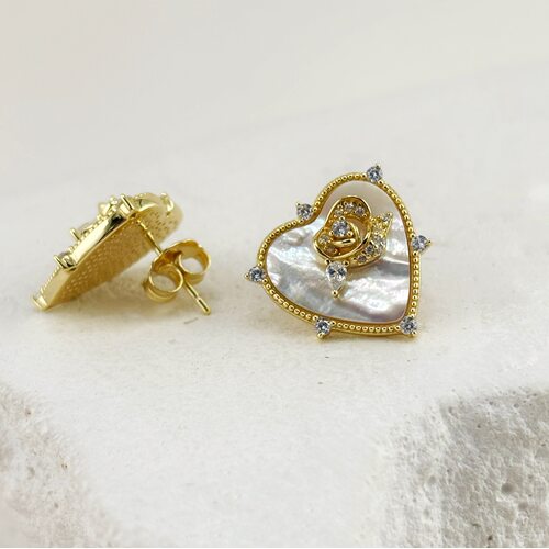 Серьги "Сердца и цветы" с фианитами и перламутром из серебра 925 пробы с позолотой