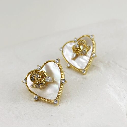 Серьги "Сердца и цветы" с фианитами и перламутром из серебра 925 пробы с позолотой