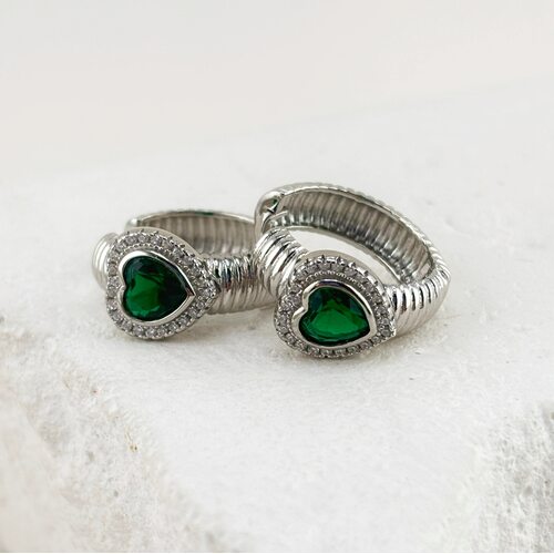 Серьги "Сердца" с фианитами и ювелирным стеклом из серебра 925 пробы