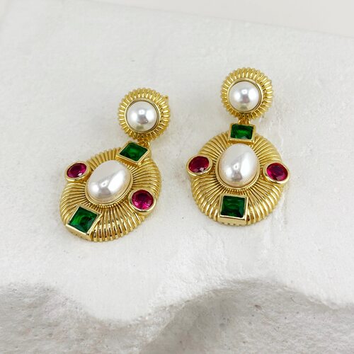 Серьги с ювелирным стеклом и жемчугом из серебра 925 пробы с позолотой