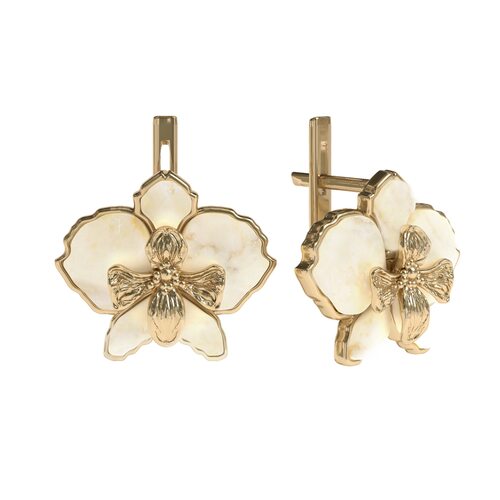 Серьги "Цветы" с янтарем из серебра 925 пробы с позолотой