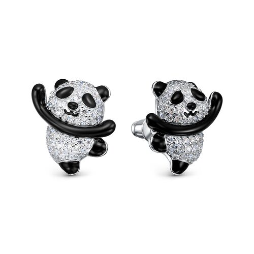 Серьги "Панды" с фианитами и эмалью из серебра 925 пробы
