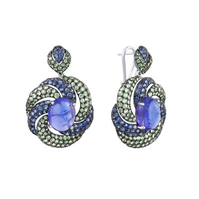 Серьги с танзанитами, цаворитом и сапфирами из белого золота 585 пробы