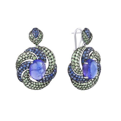 Серьги с танзанитами, цаворитом и сапфирами из белого золота 585 пробы