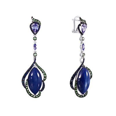 Серьги с сапфирами, танзанитами и цавторитом из белого золота 585 пробы